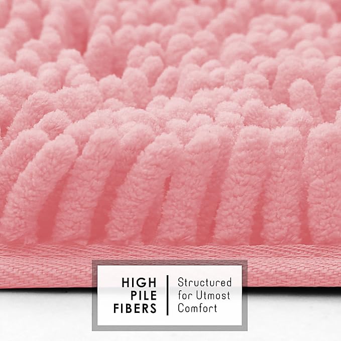 Hearth & Harbor Bathroom Rugs, Chenille Bath Mat - Machine Washable Bath Mats for Bathroom Non-Slip Backing Rubber, Quick Dry Bathroom Mat, 17 x 24 + 20 x 32 - Pink