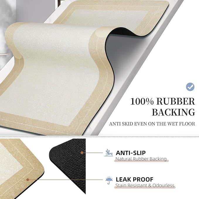 Large Bath Mat Rug, Rubber Non Slip Bath Mat Super Absorbent Quick Dry Bathroom Floor Mat Thin Bathroom Rugs Fit Under Door-Shower Rug for in Front of Bathtub Shower,Beige, Easy to clean, 23.6"x35.4"