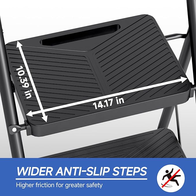 KINGRACK 2 Step Ladder, Folding Step Stool with Handrail, Safe-Lock Design and Wide Anti-Slip Pedals, 500 lbs Capacity Sturdy Steel Ladder for Home and Kitchen, Black