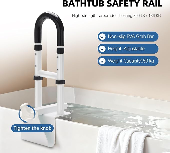 Adjustable Bathtub Handle and Grab Bar, Bathtub Safety Rail with Non-Slip Grip for Seniors, Elderly, Fits 3.1 to 6.7 Inch Tub Walls, Supports 300 lbs