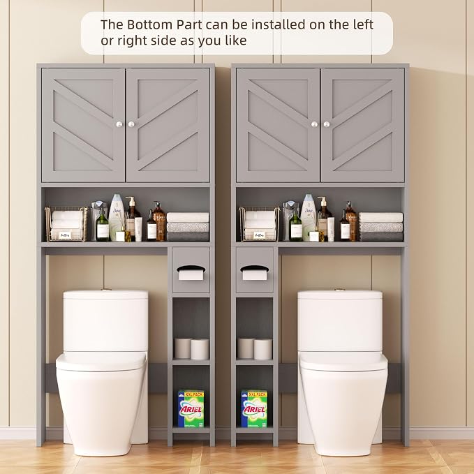 Shintenchi Over the Toilet Storage Cabinet, Bathroom Storage Cabient with Barn Doors, Bathroom Storage Shelf Organizer with Toilet Paper Holder, Adjustable Shelf and Anti-Tip Device, Gray
