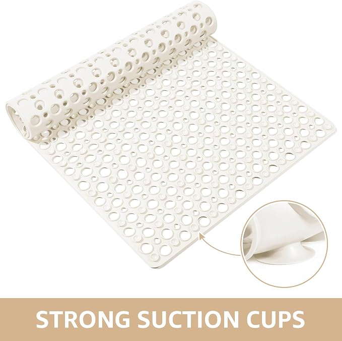 Yolife Large Shower Mat, 35 x 24 inch Non Slip Shower Mats for Inside Shower with Drain Holes and Suction Cups for Bathroom, No Odor TPE Shower Floor Mat, White