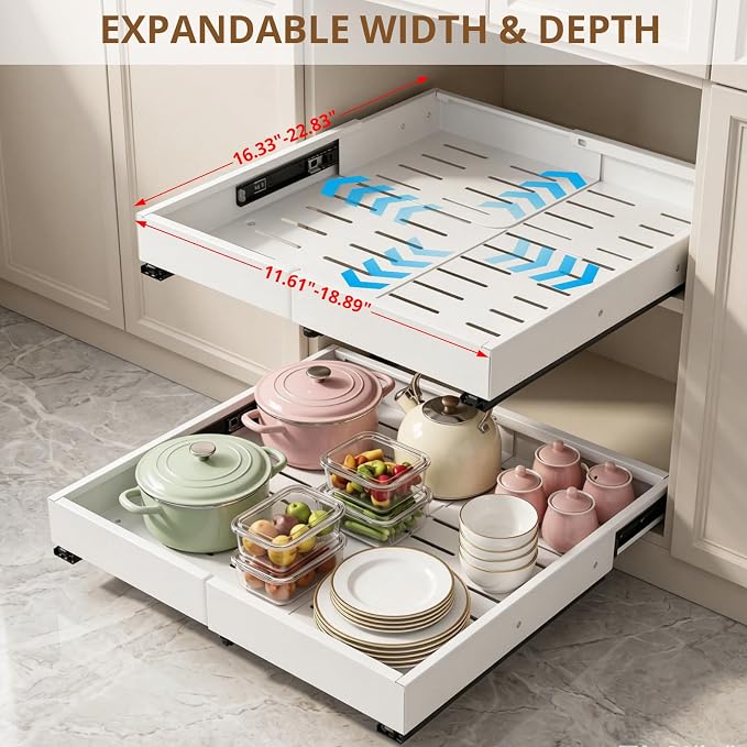 DOMNIU 2 Pack Pull Out Cabinet Organizers Expandable Width(12"-19") and Depth(17"-23"), Metal Slide Out Drawers, Upgrade 3 Slide Rails Sliding Drawer for Kitchen Cabinet Organizer, White