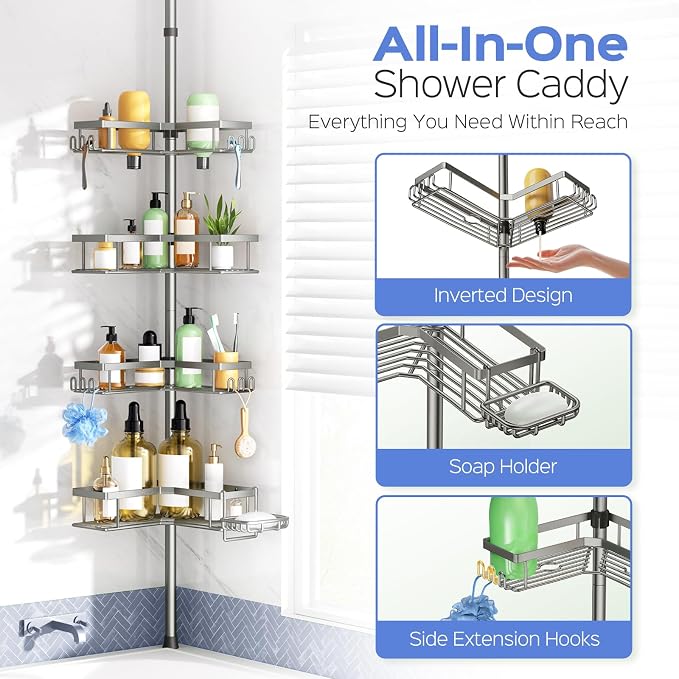 HAMITOR Shower Caddy Tension Pole: 4-Tier Corner Bathroom Organizer Shelf with Soap Holder & Hooks - No-Drill Adjustable Standing Storage Rack for Apartment Renters - 47-123 Inch Silver Gray