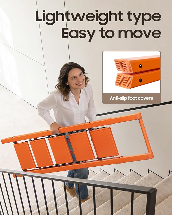 HillhutApex 5 Step Foldable Aluminum Step Ladder with Handgrip, Anti-Slip Pedal, 330 lbs Capacity, Lightweight & Portable for Home, Kitchen, Office, Garage (Orange)