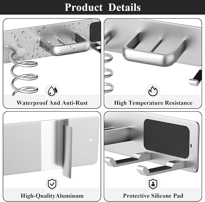 Tindbea Hair Dryer Holder Wall Mount Aluminum Alloy Hot Tools Organizer | Heavy Duty, Silver