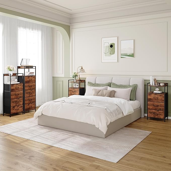 Somdot Tall Nightstand for Bedroom, Tall 5 Drawers Dresser, Vertical Storage Tower Unit, Nightstand Furniture with Fabric Drawer Organizer in Bedside Kids Room, Laundry Entryway, Wood Grain Print