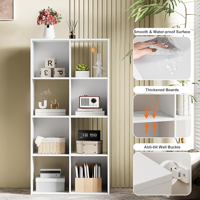 Sweetcrispy 8 Cube Storage Organizer - Open Cube Bookshelf with 4 Removable Back Panels, Display Storage Bookcase for Living Room, Bedroom, Entrance Hall, Home Office，47.7" Lx11.6 Wx24 H, White