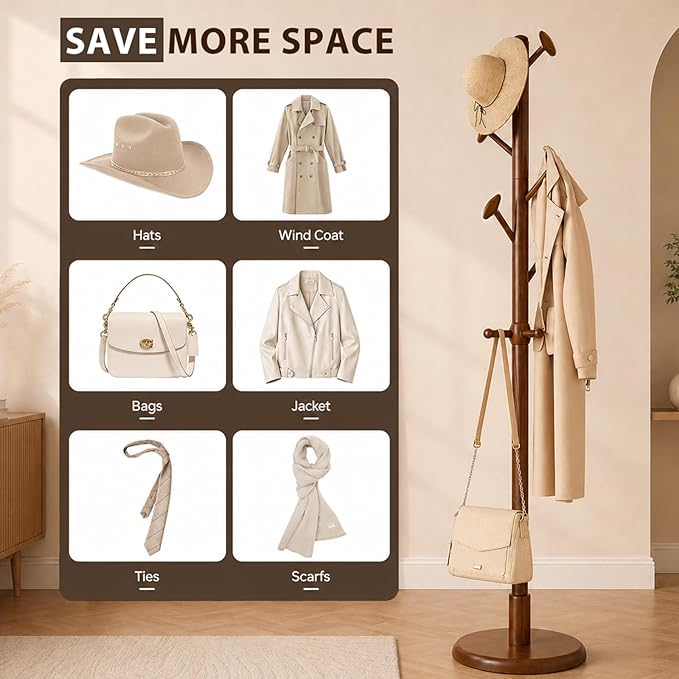 Taitiy Solid Wood Coat Rack Freestanding Coat Tree with 10 Hooks for Bedroom, Livingroom, Entryway, Sturdy Coat Hanger Stand for Hats, Coats, Scarves, Handbags, Purses