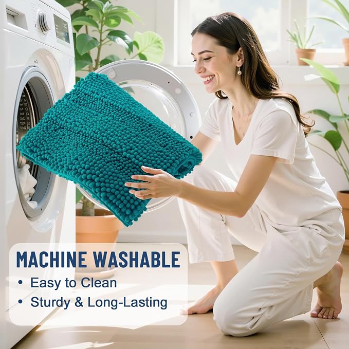 Grandaily Chenille Striped Bathroom Rugs 44x24, Extra Thick and Soft Absorbent Bath Mats, Rubber Backing, Plush Shaggy Shower Carpet, Machine Wash Dry, Bath Rug for Bathroom, Deep Lake