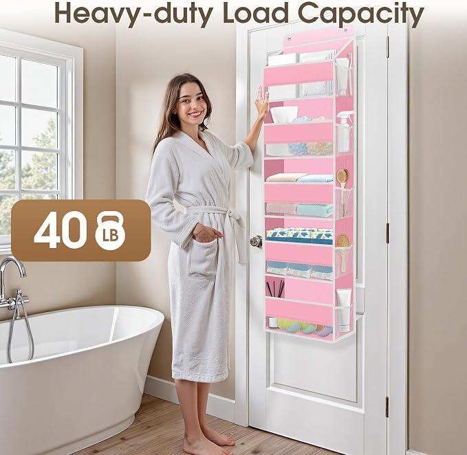 SpaceHacks 2 Pack Over The Door Organizer Hanging Storage Organizers with Clear Window 40lb Large Capacity Room Organizer for Pantry Laundry Bathroom Nursery Closet(Pink)
