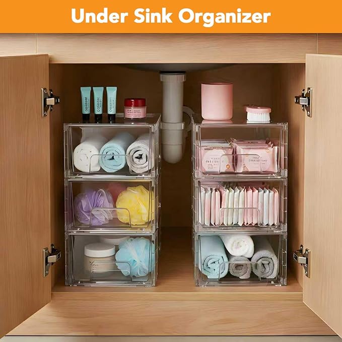 2 Pack Stackable Storage Drawers,Plastic Organizers Bins, Drawers Storage with Handles and Movable Dividers for Organization and Storage in Fridge,Bathroom, Pantry, Kitchen Cabinets, Under Sink
