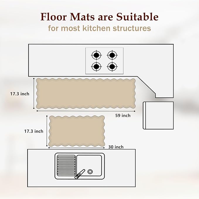 Arenarug Scalloped Black Kitchen Mats for Floor 2PC Cushioned Anti Fatigue Kitchen Mats Rugs Waterproof Non Slip Boho Floral Comfort Foam Standing Mat for Sink Laundry,17.3x30+17.3x59