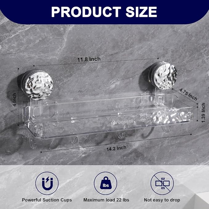 Suction Cup Shower Caddy, Corrugated Suction Cup Storage Holder, No Drilling Bathroom Organizer with 4 Removable Hooks, Shower Shelves for Inside, Clear