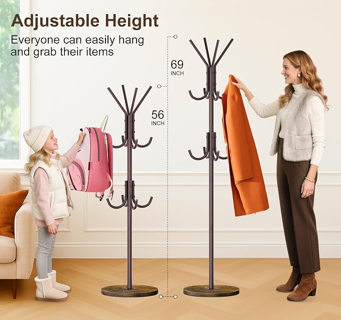 MISSLO Heavy Duty Coat Rack Freestanding with Stable Wood Base Modern Brown Coat Tree with 12 Hooks Adjustable Coats Hanger Stand Stylish Standing Clothes Tree for Entryway Bedroom Corner Hall