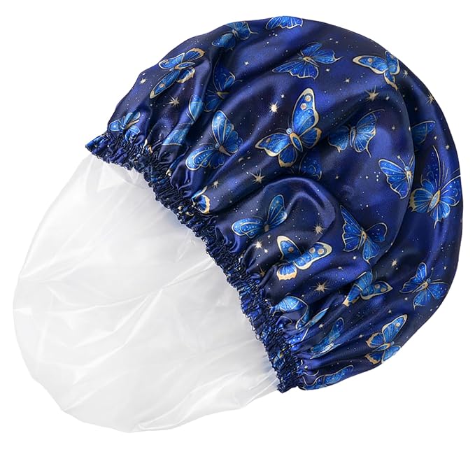 4 PCS Shower Cap for Women, Elastic and Reusable Bath Caps, Double Layers Shower Caps Reusable Waterproof, Bathing Shower Caps, Environmental Bath Hair Protection Cap - Butterfly A