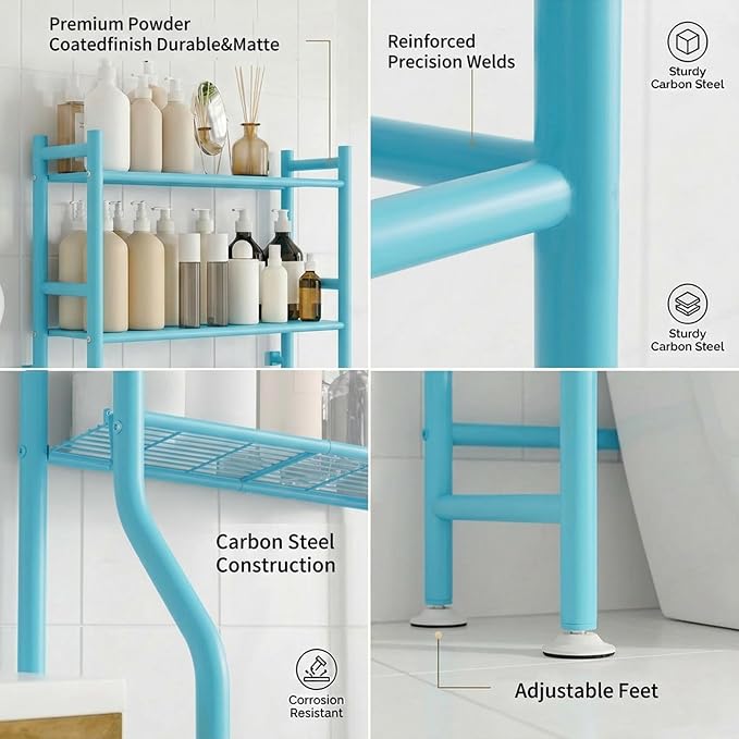 GloTika 3-Tier Over Toilet Storage with Anti-Tilt Safety System - 150lb Total Capacity Metal Bathroom Shelves Including Paper Holder & 4 Hooks, Space Saving Above Commode Organizer (64" H, Blue)