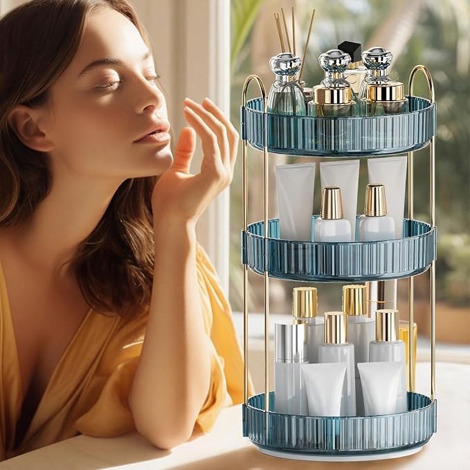 INVSSENE 360° Rotating Makeup Organizer, Bathroom Organizers and Storage Holder Rack, Large Capacity Vanity Shelf Countertop, Fits Cosmetics, Perfume, Skin Care(Blue, 3 Tiers)