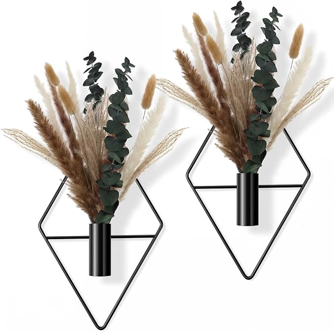 Jexine 4 Pcs Hanging Planters with Artificial Pampas Grass Metal Hanging Vase Indoor Plants Holder Modern Geometric Boho Bathroom Wall Decor for Living Room Home Office(Black)