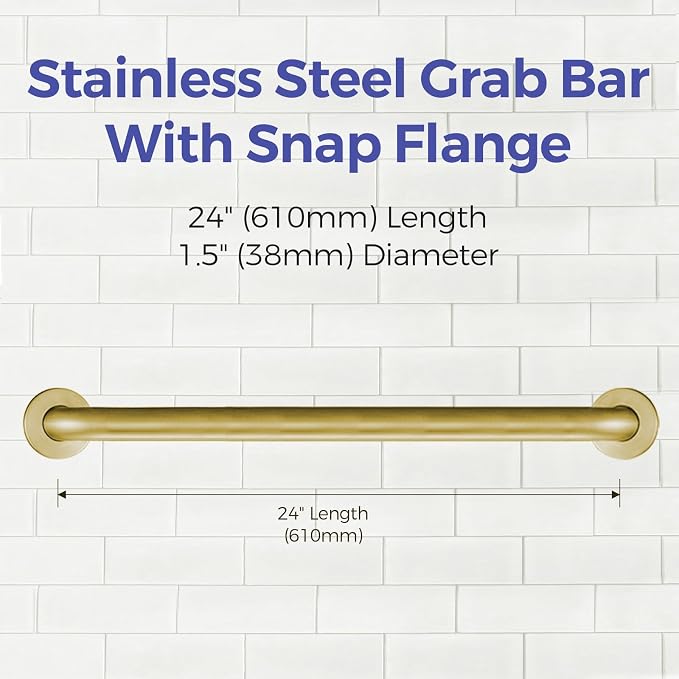 Stardrix 24-Inch ADA Compliant Grab Bar, 1.5" Diameter, Concealed Mounting Flanges, Handicap Friendly, Commercial & Residential Bathrooms, Brushed Gold Stainless Steel