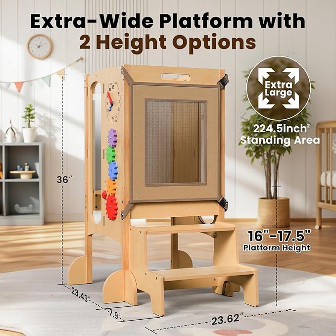 JUZBOT Toddler Tower- Foldable Wooden Kitchen Stool Helper with Safety Net, Anti-Tip Base, Detachable Step, Chalkboard & Whiteboard, 150lb Capacity, Montessori Gift for Kids 18M-5Y