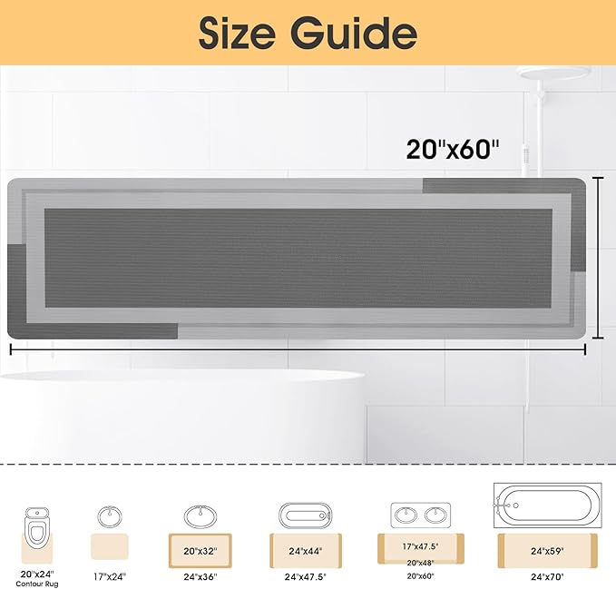 ACCUMTEK Non Slip Bath Mat, Thin Bathroom Rugs Fit Under Door, Quick Dry Bath Mats, Machine Washable Bath Rugs for Bathroom, Bathtub & Kitchen, Grey/Bordered/59 x20