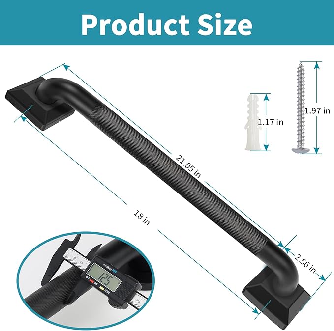Shower Grab Bars for Seniors, 18 Inch Square Matte Black Bathroom Handle for Wall, Stainless Steel Anti Slip Bathtub Safety Bar, ADA Compliant 500 LBS Hand Rail for Elderly, Handicap