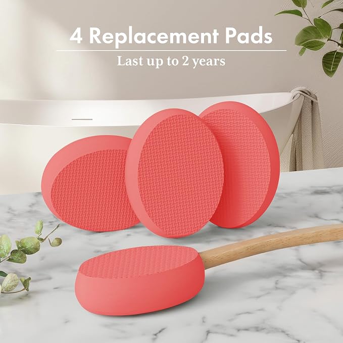 AmazerBath Lotion Applicator for Back, Feet, 4 Replacement Pads with 17" Curved Handle, Back Sunscreen Applicator for Kids, Elderly, Women, Apply Skin Cream Medicine Moisturizer Tanner, Rose Red