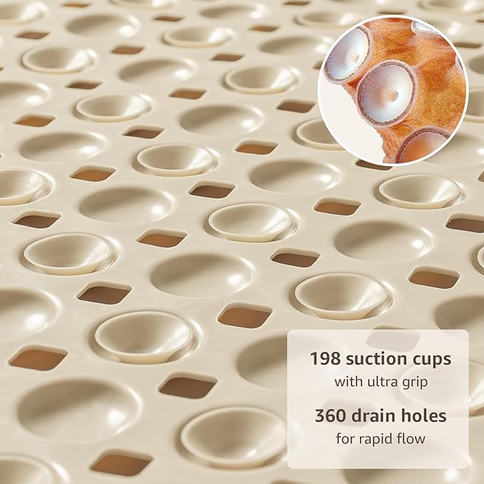 OTHWAY Bath Tub Shower Mat Non Slip, Bathtub Floor Liner Mats for Inside Shower Bathroom, Suction Cups and Drain Holes for Feet Scrubbing, Machine Washable, Soft on Feet, 35x16 Inch, Brown