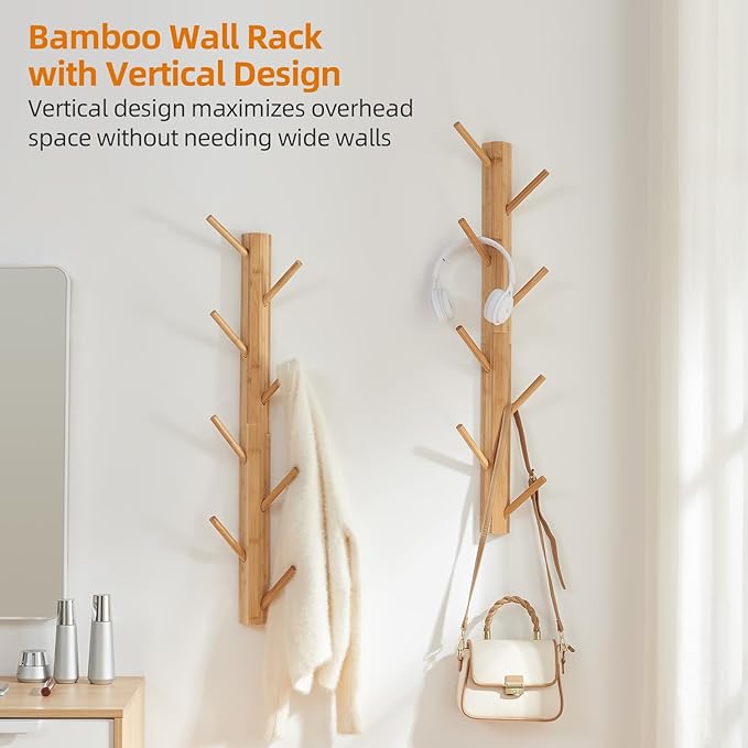 TIOPGHAD 2 Pack Coat Rack Vertical Wall Mount, Bamboo Coats Hooks Clothes Holder Hanger for Wall Coat Hat Jacket Clothing Bathroom Robes Mudroom Entryway(Natural)