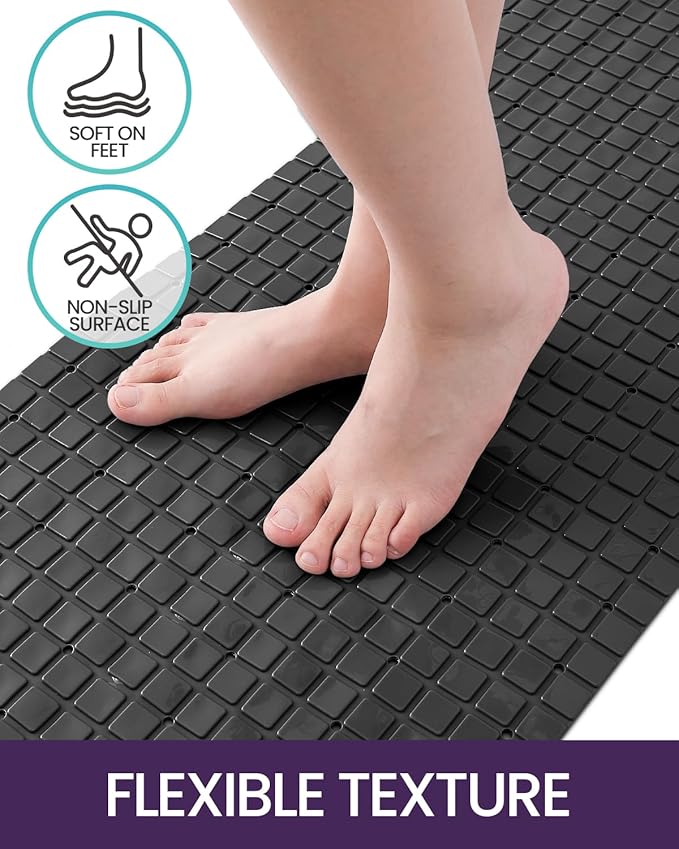 DEXI Bathtub Mat Non Slip, Extra Long 39x16, Suction Cups, Drain Holes, Machine Washable for Tub Shower Floor, Black