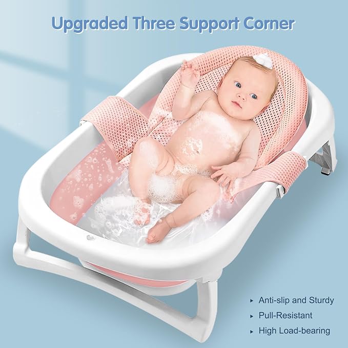 Colorlife Baby Bath Seat Support Net Infant Bathing Seat Support Mat, Adjustable Comfortable Non-Slip Three-Pointed Baby Shower Net Bathtub Sit Up Mesh for Newborn 0-12 Months-Dusty Pink(No Bathtub)