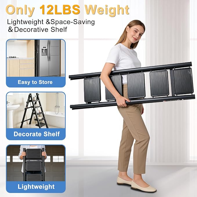 5 Step Ladder Folding Step Stool with 500LBS Capacity Sturdy Carbon Steel Frame Anti-Slip Thick Pedal & Feet Portable for Home Kitchen Garage (black-5step)
