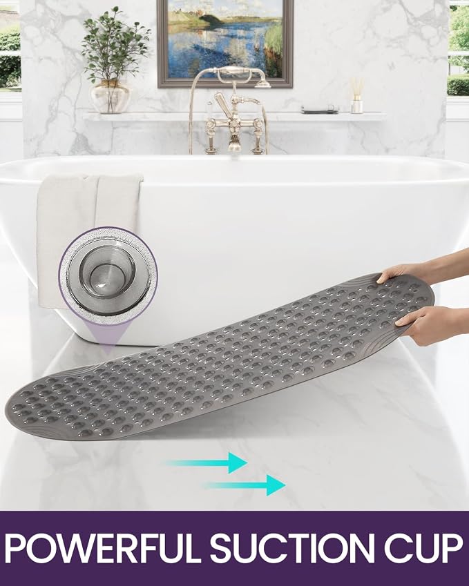 DEXI Bathtub Mat Non Slip 16x35, Shower Floor Mats for Bathroom Bath Tub, Washable Oval Bathmat with Suction Cups and Drain Holes, Clear Gray