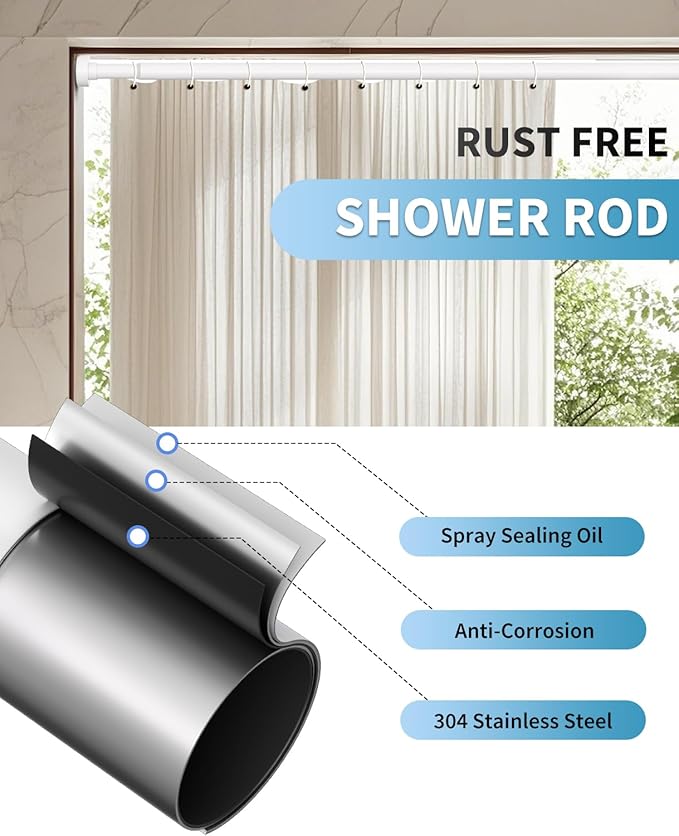 White Shower Curtain Rod 34-82 Inches(2.8-6.8ft) Adjustable Shower Rod No Drilling Non-slip Never Rust Shower Tension Rod for Bathroom Bedroom Windows Outdoor Garden