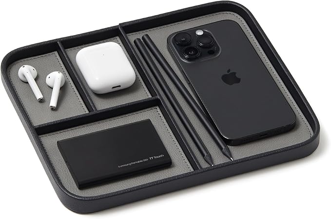 Nordik Leather Valet Tray - Pebble Black - 9.5 x 7.9 Inch Medium Vegan Leather Tray - Stylish Nightstand Organizer for Men - Modern Bedside Caddy - EDC Catchall for Key Watch Wallet Jewellery