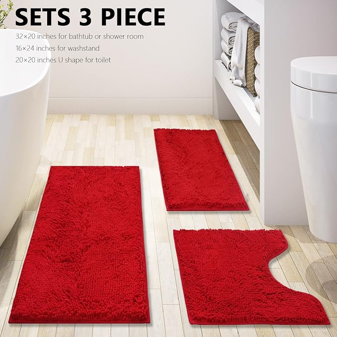BOANKODU Bathroom Rugs Chenille 3-Piece Extra Soft and Absorbent Shag Bathroom Rugs, Machine Wash Mat, Strong PVC Non-Slip Underside, Plush Carpet Mats (Red)