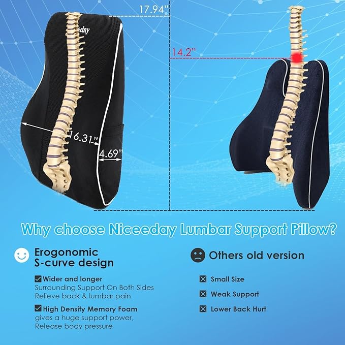 Niceeday Lumbar Support Pillow for Office Chair Car Back Support Pillow, Memory Foam Gaming Chair Desk Chair Back Cushion for Lower Back Pain Relief, Ergonomic Back Rest,Office Home Essentials