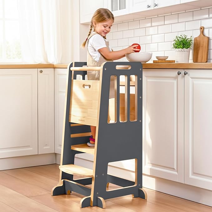 WINGYZ Toddler Tower - Anti-Tip Natural Wood Learning Stool Helper for Kids 18M-6Y, 150lb Capacity Kitchen Stool with 3-Height Adjustable Platform and Sliding Door Access, 20lb Portable Design, Black