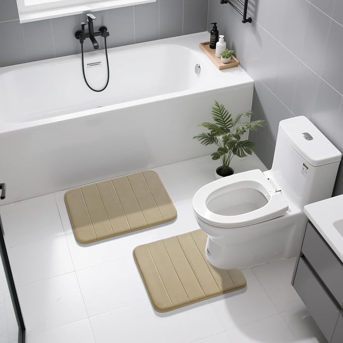 Yimobra U-Shaped Toilet Bath Mat Set 2 Piece - Soft Absorbent Quick Dry Memory Foam Bathroom Rugs, Machine Washable Non Slip Floor Carpet for Tub Shower & Single Sink (17x24 & 24x20, Pale Khaki)