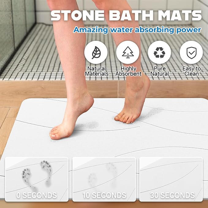 32"x20" Stone Bath Mat 2Pack, Diatomaceous Earth Shower Mat, Non-Slip Super Absorbent Quick Drying Bathroom Floor Mat, Natural, Easy to Clean (Milky White)