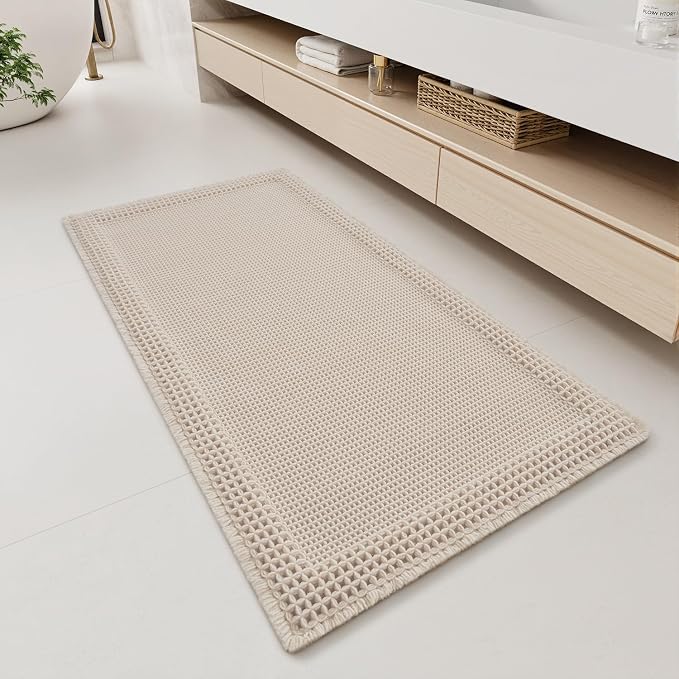 RESARE Waffle Bathroom Runner Rugs, Super Absorbent Bath Mat Non Slip Washable Quick Dry, Upgraded Ultra Soft Boho Bath Rugs with Tassels, Farmhouse Home Decor Accessories, 2'x4'(24"x48") Pale Beige