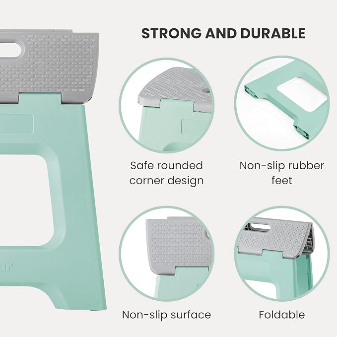 Vigar Compact Folding Step Stool - 12-1/2 Inch Foldable Step Stool for Adults, Lightweight Portable Stool with Handle, Non Slip Step Stool, Space-Saving Stool up to 330 lb - Light Turquoise