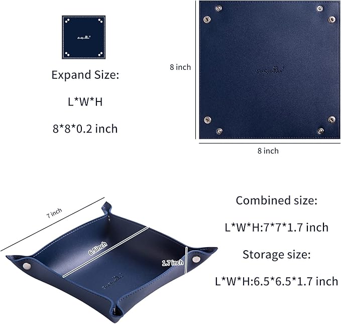 Leather Jewelry Valet Tray for Women and Man, Portable Entryway Table Tray Bedside Nightstand Desk Tray Small Catchall Travel Dish Plate for Key,Wallet,Watch,Coin (8x8, Blue-B)