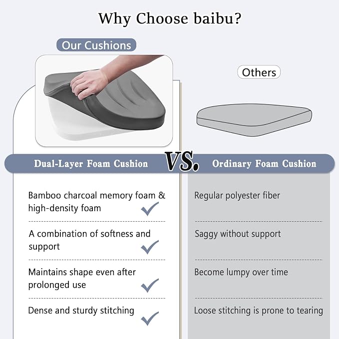 baibu Kitchen Chair Cushions Set of 6, Dual-Layer Patented Design Memory Foam Dining Chair Pads with Ties and Washable Cover, 6 Pack, 17" x 16" x 2", Beige