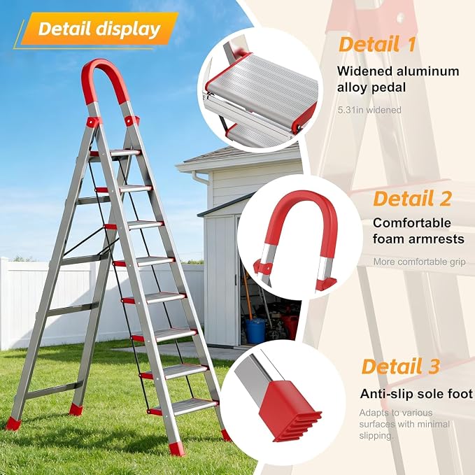 9 Step Ladder,Heavy Duty Step Stool with Non-Slip and Widen Pedals,Step Ladder with Safe Handrail,Space Saving for Home,Kitchen,Indoor & Outdoor