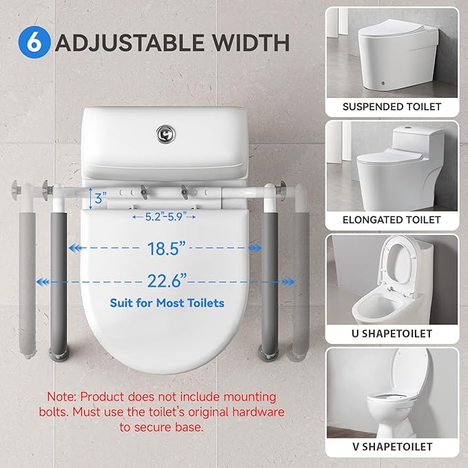 Loyoda Toilet Safety Rail, Adjustable Height & Width, 350 lbs for Seniors | Securely bolts to toilet seat holes for stability. Non-slip feet, Padded grip. Sturdy steel Frame. For mobility assistance.