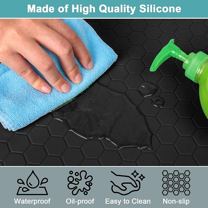 Silicone Under Sink Mat 25 x 19, Waterproof Under The Sink Mats for Kitchen, Under Kitchen Sink Mats and Protectors, Under Bathroom Sink Mat, Cabinet Liner Shelf Liner Black