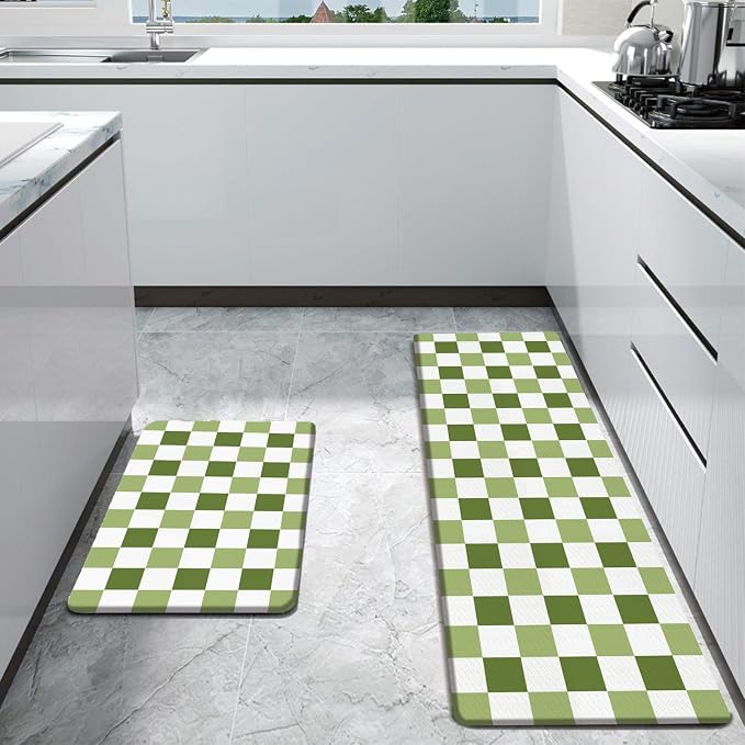 Bulijojo Green Plaid Anti Fatigue Kitchen Floor Mats Set of 2 Waterproof Kitchen Sink Runner Rug Standing Mat Cushioned Kitchen Rugs Comfort Doormat 17"x47"+17" x30“