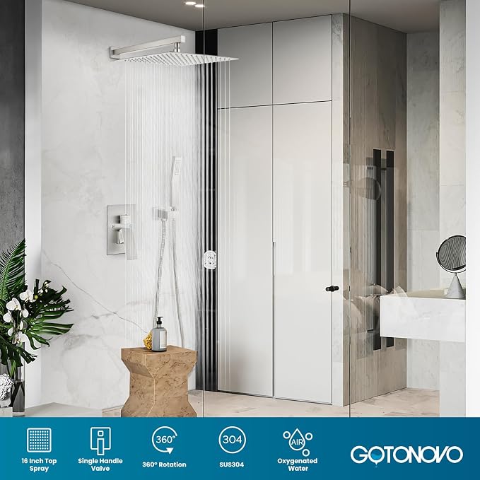 gotonovo Rainfall Bathroom Shower System Rain Shower Head and Handle Set Wall Mounted Shower Complete Combo Solid Brass Pressure Balancing Shower Mixer Valve 16 Inch Brushed Nickel